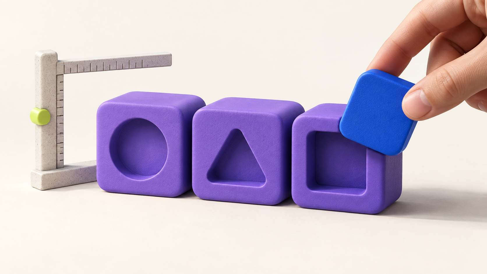 A hand positions a blue block beside a measuring frame and shaped violet modules.